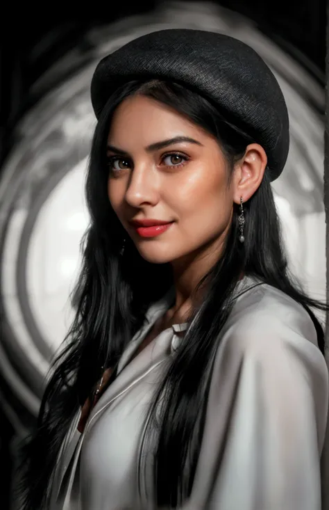 a girl with long black hair wearing a beret, mismatched pupils, dangling earrings, an evil smile, surrealistic chiaroscuro lighting, shot from a low angle, 8k, super detailed, UHD, hyper-realistic, 4K, dramatic contrast, moody atmosphere, striking visual, ...