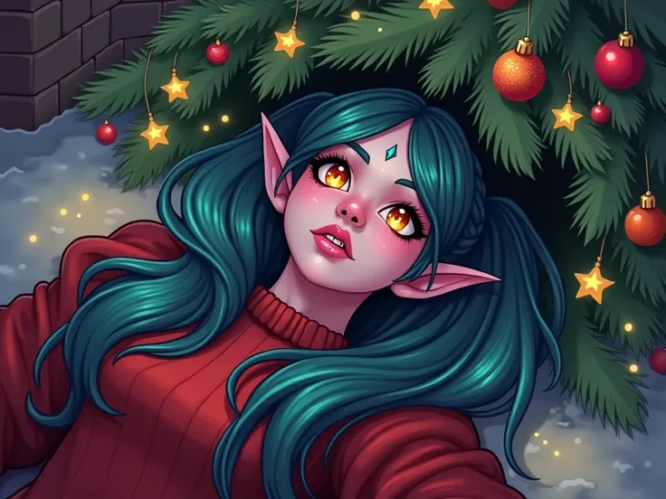 A female night elf from Warcraft lies under a Christmas tree. pink skin. sweater christmas. glowing eyes. straight turquoise hair. wearing shirt. twin buns. thick lines. Christmas. standing sideways. no earrings.  new year house background