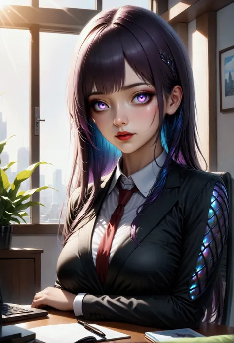 (masterpiece, aesthetic, detailed eyes, realistic), 1girl, (mahiru shiina from angel next door spoils me rotten), Long smooth straight dark purple hair, inner dark iridescent hair, iridescent eyes, sitting in office suit, super detail, best quality, 8k