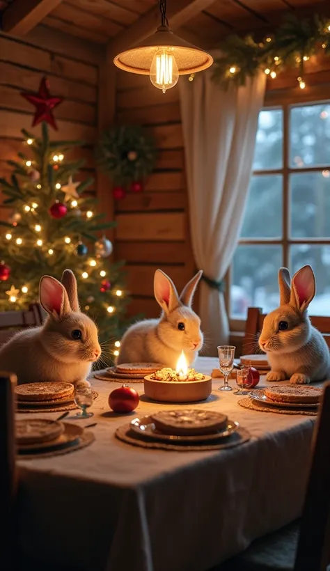  A family of rabbits cook in a warm wooden shed 、 a cozy Christmas night around a 、 dining table。Soft glowing lights 、Festive decorations、fine coat 、 super real 、 cinematic lights、 a soft pastel palette 、 fantastic atmosphere、 nature-inspired 