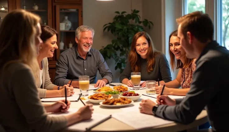 Discussing Guest List
Setting: A dining table with both families gathered around. People: Family members are engaged in a lively discussion, some with notebooks or tablets, others with printed lists. Details: The atmosphere is warm and friendly, with snack...