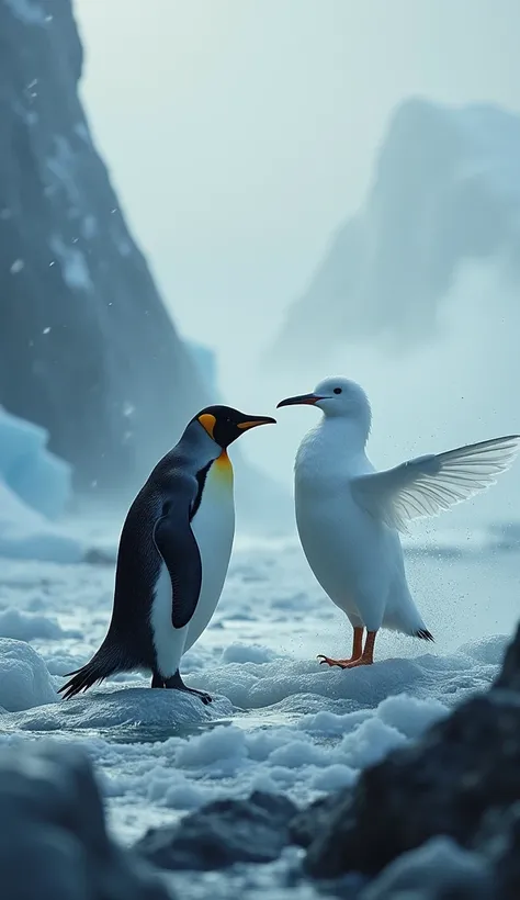 1.	confrontation:  In a floating iceberg surrounded by a raging ocean , , a Gentoo penguin with a pointed beak faces a translucent albatross with wings that look like mist. The wind howls as if anticipating the battle . (in the proportion of 9:16)