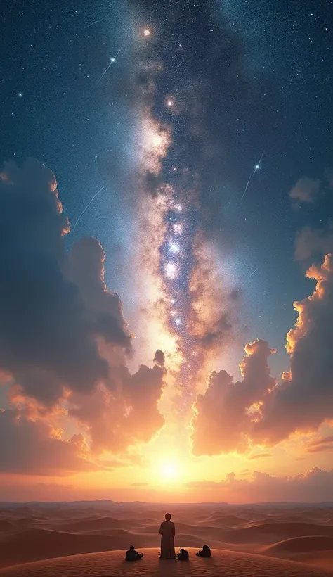 A grand and expansive sky filled with celestial light, symbolizing Allah’s infinite power to accomplish the impossible, with a serene desert and small figures in prayer below, cinematic, UHD, and awe-inspiring.
