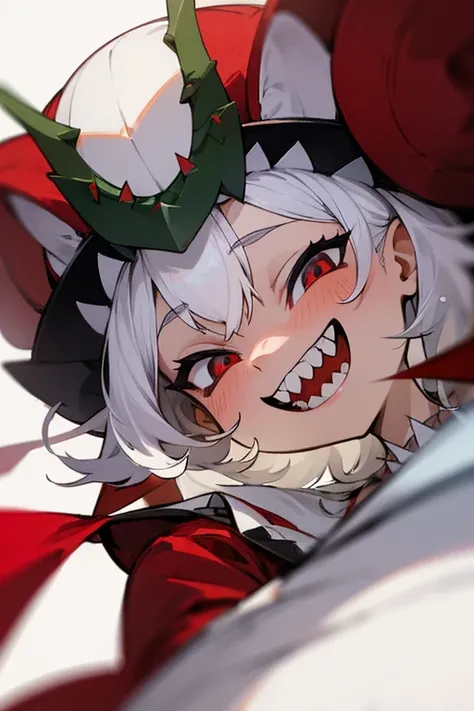 girl,  white hair , 
(( smiling)) , (( sharp teeth:1.4)) 
Christmas hat:1.6, in the head,(red:1.6)
The best quality , masterpiece, looking down,cute