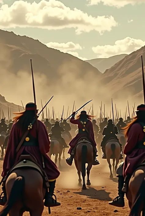 Make a cinematic picture of Afghan Durrani soldiers on horses with swords, arrows and bows chasing fleeing sikhs in 1750s with a cinematic views. The Afghan soldiers should be showed in thousands have long hair, with Afghan king in front of the Army.