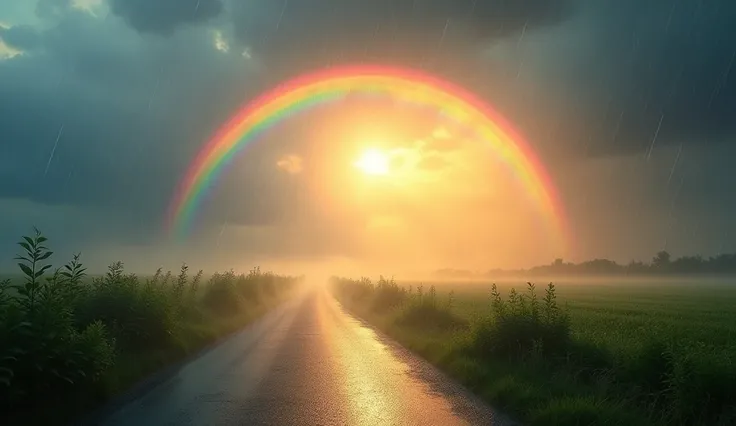  An image of a beautiful rainbow after a storm when the sun begins to appear in the clouds and forms a beautiful rainbow with the impression that it is giving off that light rain.