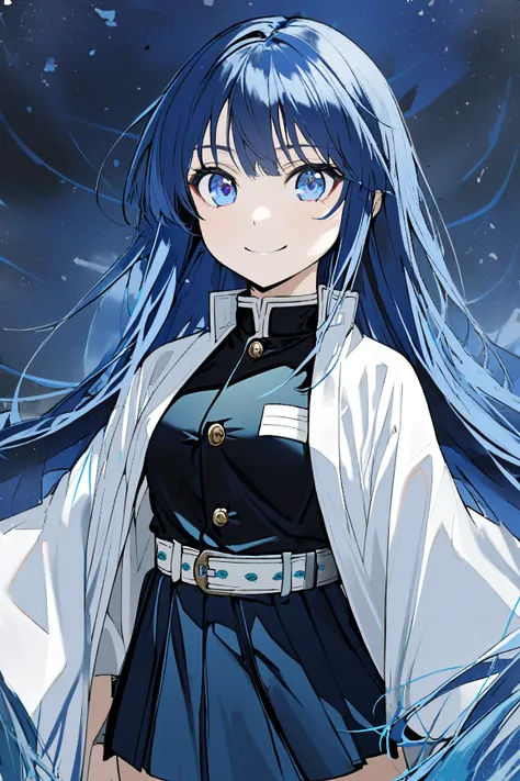 1girl, solo, blue hair, very long hair, blue eyes, demon slayer uniform, blue stockings, smile, open legs,  white haori, short skirt 