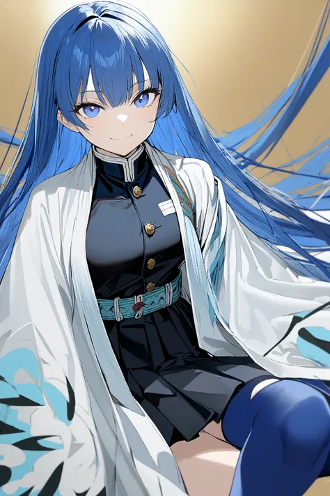 1girl, solo, blue hair, very long hair, blue eyes, demon slayer uniform, blue stockings, smile, open legs,  white haori, short skirt 