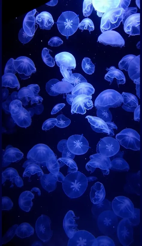 A mesmerizing underwater scene featuring a swarm of translucent jellyfish glowing softly with blue bioluminescence. The jellyfish are floating gracefully in a dark, deep ocean background, creating a serene and magical atmosphere. The glowing outlines and d...