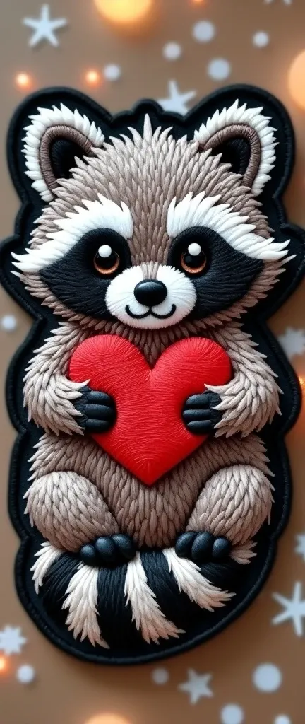 A photo of an embroidered patch of a cute extra fluffy baby raccoon. The raccoon is sitting and holding a heart-shaped object in its front paws. The raccoon has distinct black markings around its eyes, a grayish-brown body, and a striped tail. The patch is...