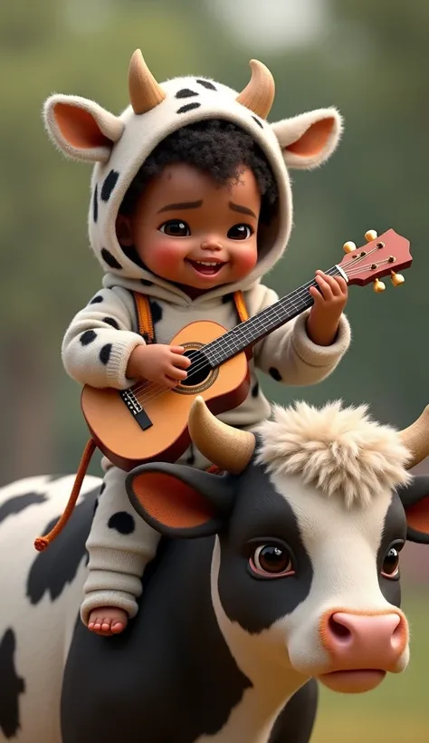 Cute dark-skinned baby dressed as cow ropinha playing a guitar on top of a super realistic cow