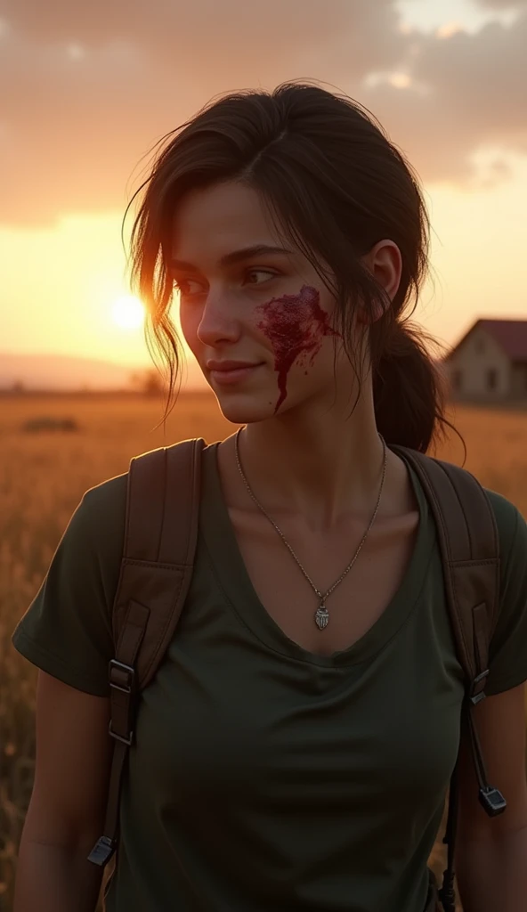  Ellie epilogue from The Last of Us 3 with a nosebleed coming out of his nose, he steps forward and looks at the camera below his eyebrow  ,  a shadow falls on his face , Ellie epilogue,  tlou3 ,  portrait, sun rays,  looking at viewer ,  awarded, (8K,  RA...