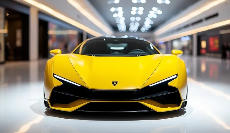 A Photo Of The Front View Of A yellow 2025 Lamborghini Temerario With A Sleek Full Modified Modern Design.The Display Logo Of Lamborghini The Car Is Parked On A White Surface.The Background Is A Shopping Mall With White Lights.The Photo Reveals The Luxurio...