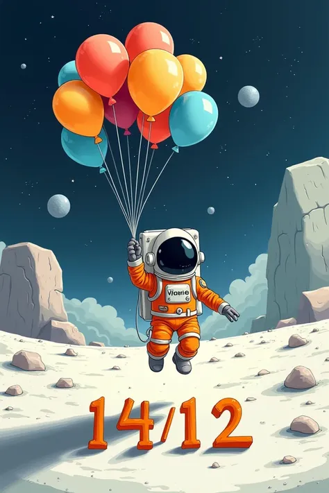  Cartoon of a  astronaut on the Moon holding balloons with the name Vicente on top, with the date on the bottom 14 /12, 