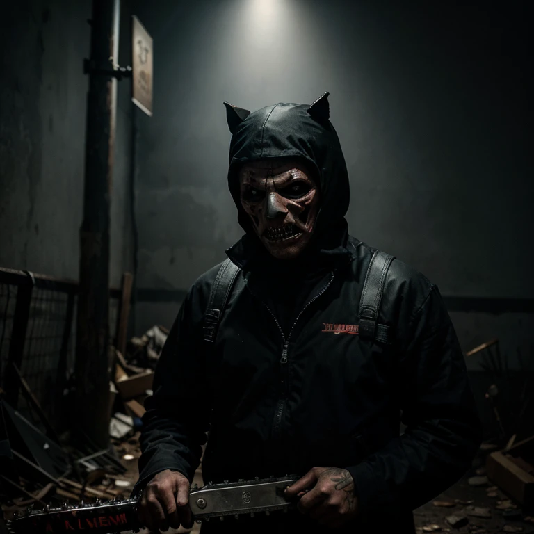 The image is of a killer wearing a scary mask while carrying a chainsaw with a sinister feel and darkness full of revenge