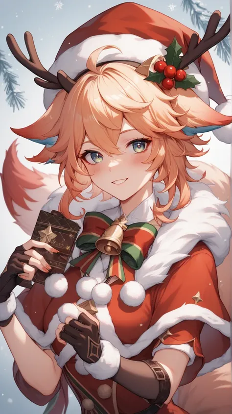 1 fox girl ,  alternative suit , blush,  christmas ,  fur headpiece,  fur-trimmed sleeves ,  fur trim , hat, furina ( genshin effect ),  looks at the viewer , pompom ( clothes ), Santa suit, hat Санты, Curls,  snow , solo, Double-tailed