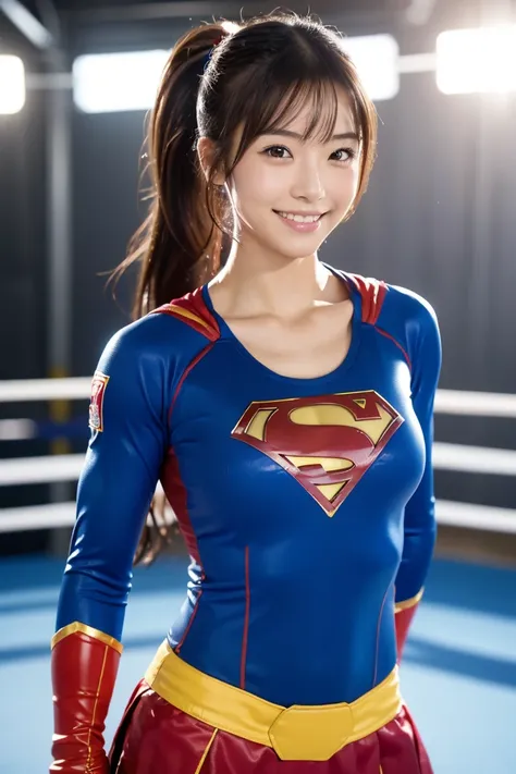 (8k,  RAW photo, top quality,  high definition :1.1), (ultra-realistic:1.4),( realistic ,  realistic :1.3), Japanese Beauty、supergirl, Female mixed martial artist 、 ponytail,  pro wrestling uniform,slim, thin,  slender , smile, thin, slim body,  smaller br...