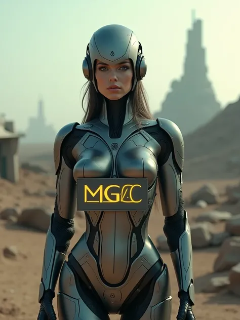  A sexy female robot holding a sign with MGC written on it。 staring at us with a sharp eye 。The background is a near-future battlefield 