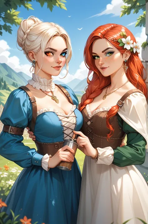  2 twin sisters with heterochromia , color de cabello azul (Different hairstyles) a girl uses magic ,  one uses brute force ,   medieval landscape clothing from the Vincentian era, 