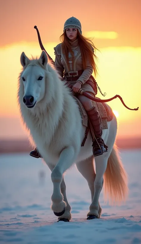 Create A Unreal Afghanistani Beauty Woman Warrior Sitting On A Giant Snow Leapord Walking, Unreal Beauty Skin, Long Hairs, Warrior Helmet, Blue Eyes, Woman Sitting On Giant Height Leapord , Holding A Archery in Hand, A very Eye Catching Sunset Background, ...