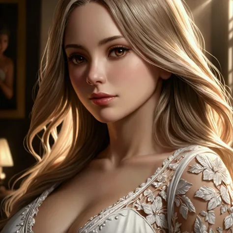 a beautiful busty milf housewife, highly detailed, photorealistic, elegant white dress, long flowing hair, warm lighting, soft focus, intricate details, (best quality,8k,highres,masterpiece:1.2),ultra-detailed,(realistic,photorealistic,photo-realistic:1.37...