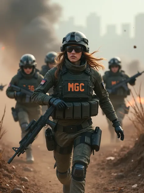  female soldiers are fighting on the battlefield。MGC letters on the chest 。