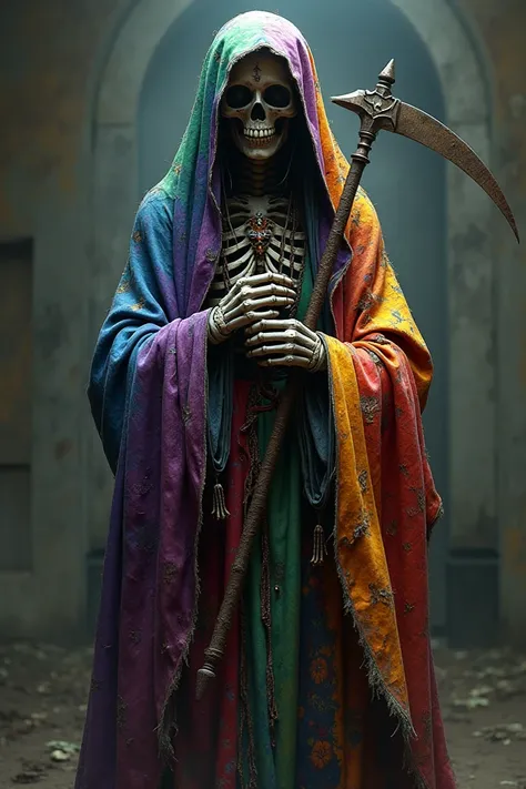  Santa Muerte with degraded robe in purple, blue, green, red, orange, yellow, black and white with scythe 