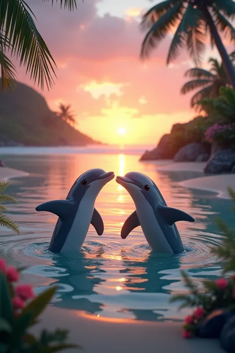 2 heart-shaped dolphins at a sunset on the beach and plants 