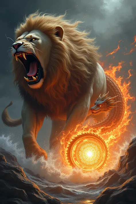 Aggressive lion roaring with water and dragon with fire mandala with best background in mate black in little bit rectangle shape
