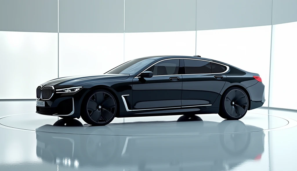 only side aerial  view of painted black with shiny colour 2025 model BMW i7 sleek in original model shape sedan aerial with original aerial roof and original logo on its back aerial view white reflection falling on car colour with captured from only side a...