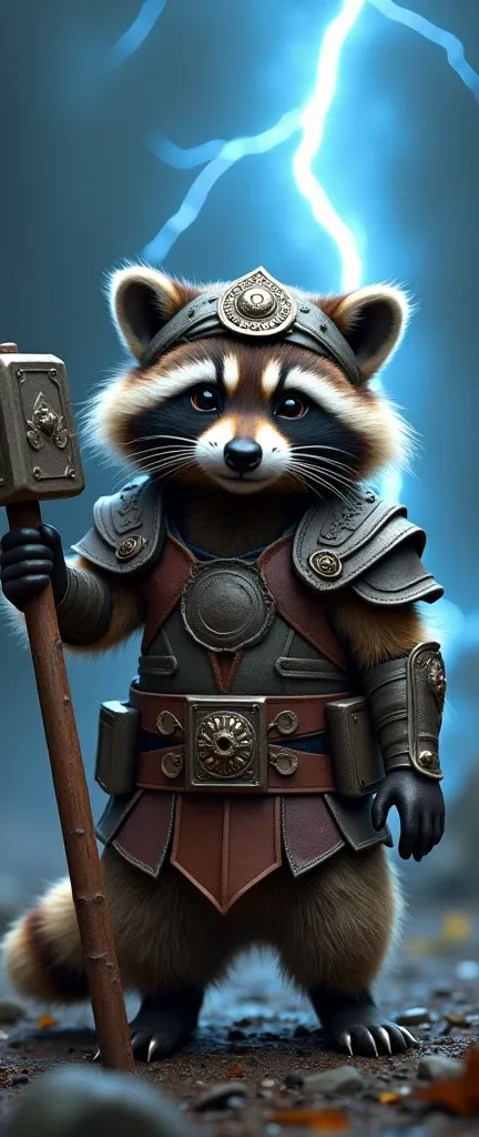 A photo of a fluffy baby raccoon dressed as a warrior or deity in a costume. The raccoon wears a metallic helmet with multiple circular designs and a central emblem, a square-shaped hammer, and a belt with various pouches and a rectangular emblem. The racc...