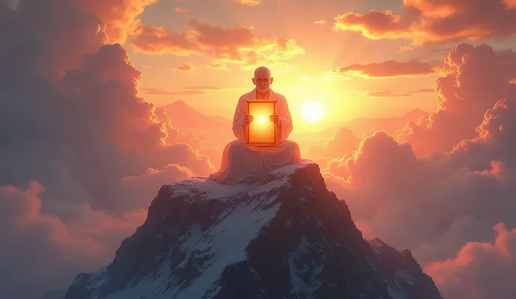 A glowing wise character sitting on a mountain peak under a radiant sunrise, holding a glowing scroll symbolizing knowledge and motivation, surrounded by vivid, colorful clouds and a serene landscape." Hyper Realistic.