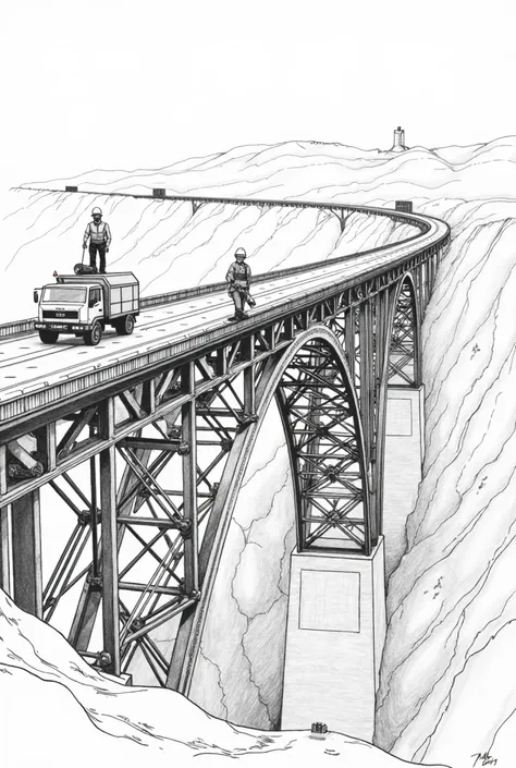 linear black and white drawing of the construction of a viaduct with much less detail and without people or vehicles