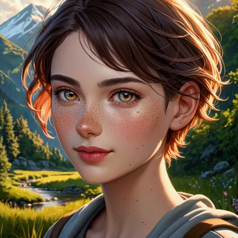 a tomboy girl, short hair, freckles, smiling, outdoors, nature scenery, beautiful detailed eyes, beautiful detailed lips, extremely detailed face and portrait, 1girl, digital painting, vibrant colors, cinematic lighting, highly detailed, 8k, photorealistic...