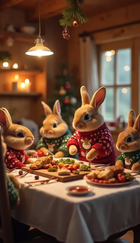  A family of rabbits cook in a warm wooden shed 、 A mother and  of cute little rabbits each wearing different Christmas pattern sweaters make food、 surrounds the dining table。Making a proper role 、Soft glowing lights 、Festive decorations、fine coat 、 super ...