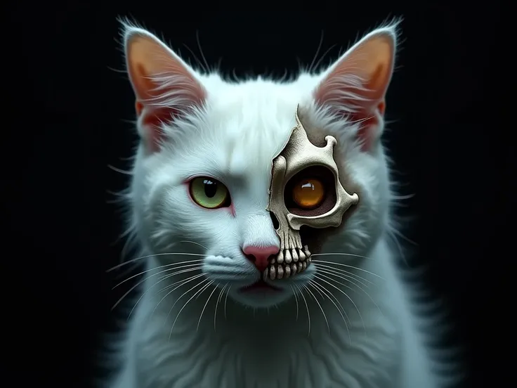  make a white cat looking straight ahead , half of your face is normal ,  skull with soft hair and the other half is in bones, showing all of the .  black background