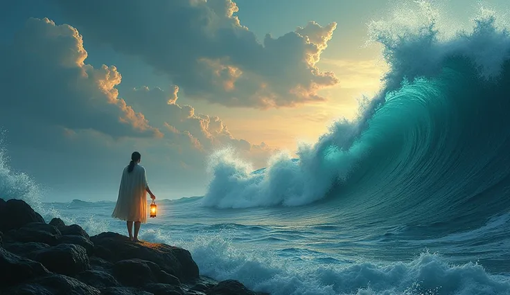 "A hyperrealistic depiction of a character standing at the edge of a vast ocean, holding a lantern of hope, as colorful waves crash with shimmering golden sunlight."