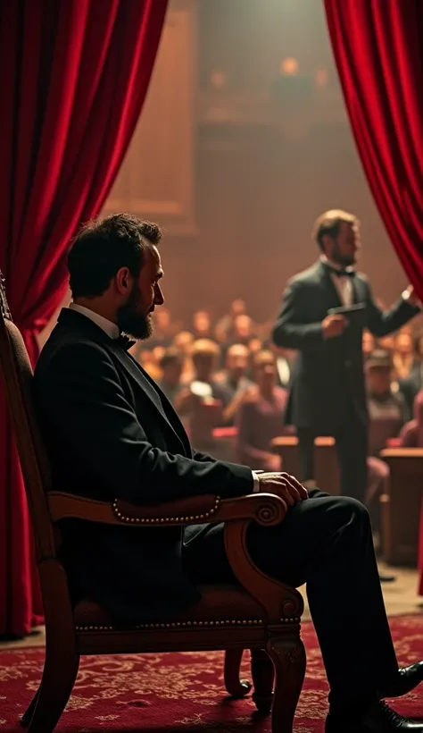 Lincolns Assassination at Fords Theatre
"A dramatic representation of the assassination of Abraham Lincoln at Fords Theatre in 1865. He is seated in a luxurious wooden chair in the presidential box, watching the play. John Wilkes Booth appears in the backg...