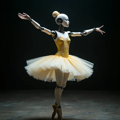 A full body shot of a realistic HD photo of a beautiful ballerina with a mechanical body and mechanical arms with a bright tutu. She is performing a dance with great grace. The background is dark.  Depth of field in the photo. The overall image has a raw p...