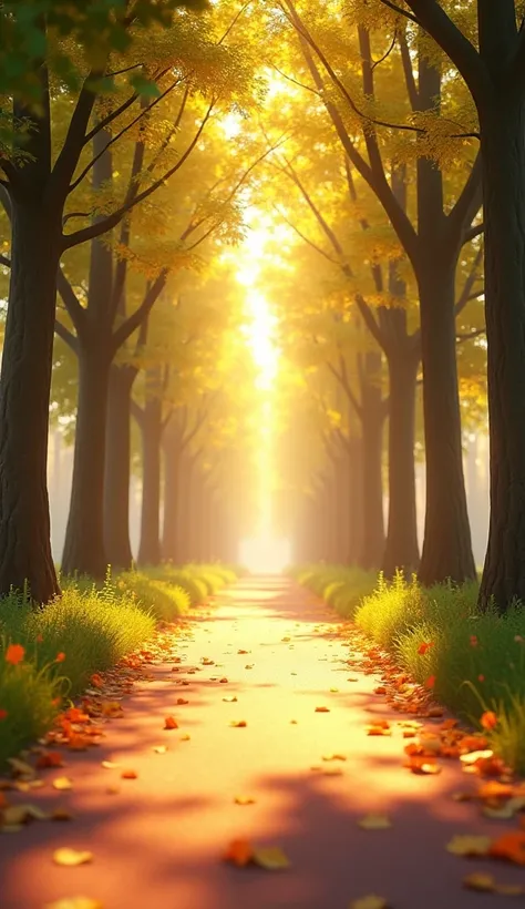 ((picture taken from the front)), 3D animation with a vibrant color vibrant, A narrow pathway leading to a lively park, lined with tall trees and scattered with golden sunlight filtering through the leaves. ren’s laughter can be faintly heard in the distan...