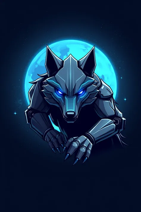 Create a logo for my e-sport team called Interstellar with a blue and gray robot wolf