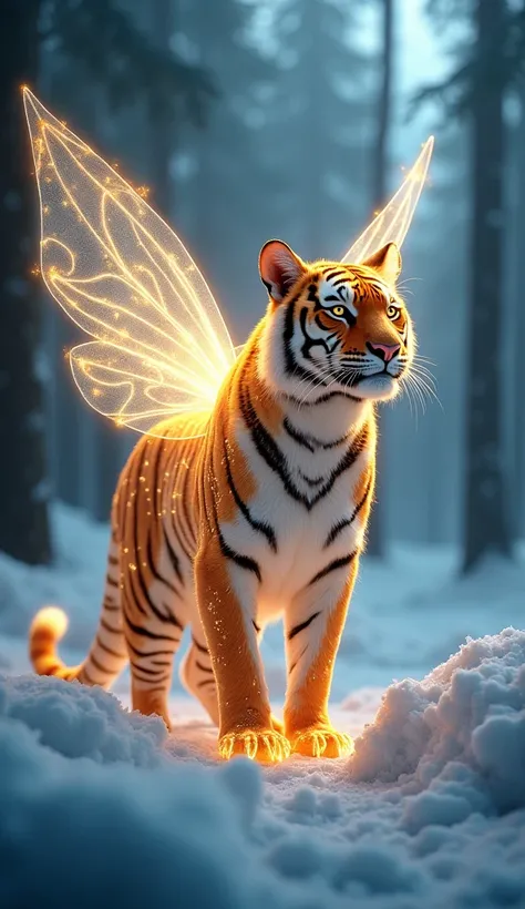 2.	fusion:  The hybrid tiger has a translucent body with golden light patterns that shine like constellations, Fairy wings, claws made of pure energy and eyes that emit light rays in the icy forest . (in the proportion of 9:16) In an icy forest illuminated...