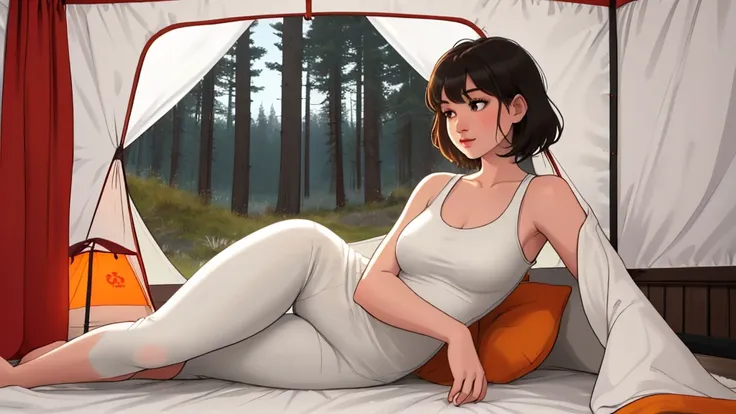 "Inside a cozy camping tent illuminated by warm, soft lighting, a serene and relaxed A Young girl short auburn hair with big breasts wearing a lush red tank top lies comfortably on a thick mattress. She is wearing a clean, white fitted top and black leggin...