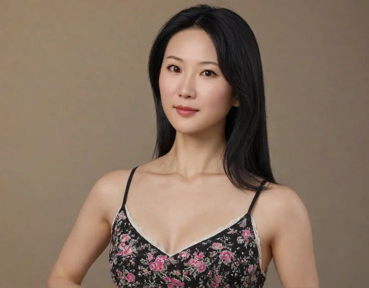 Chinese woman in her 30s, petite figure, sleek black hair, deep brown eyes, small nose, wearing comfortable yet stylish clothing, no bra to emphasize breasts, small hips, realistic, photorealistic, photo-realistic:1.37, highly detailed, masterpiece:1.2, 8k...