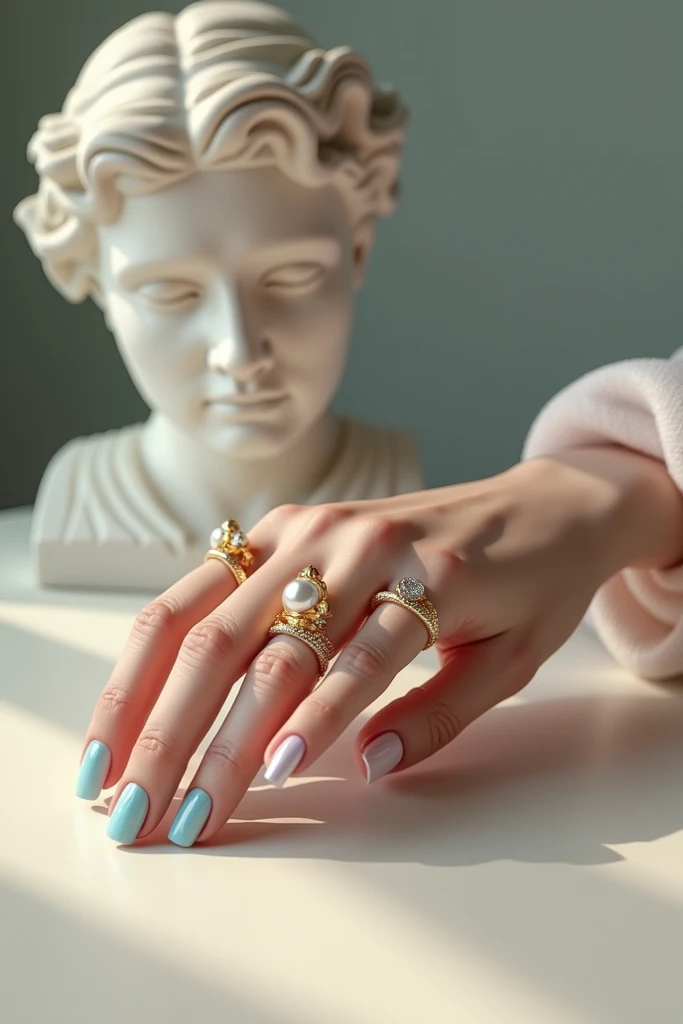 Female hand with elegant nails in light blue and pink pastel tones, decorated with gold details and subtle glitter. She holds a pearl bracelet, with an artistic background that includes a classic marble bust in soft lighting. Sophisticated, minimalist styl...