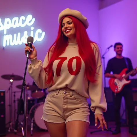 create a Kylie Jenner, big red lips, very straight bright vibrant red very long hair, Perfect Curves. Laughing and dancing holding a microphone. wearing beige, beret a beige sweater with the number "70" in red on the front, velvet beige high-waisted knee l...