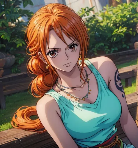 (masterpiece, top quality, 4K, 8k,   high definition  , 最高masterpiece:1.2),  super detailed, ( realistic , photo realistic , photo- realistic :1.37),   Maintaining Anime Style  ,  Nami in One Piece, pale orange hair hidden in thick grass ,Beautiful hairsty...