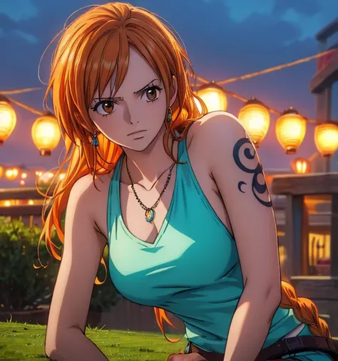 (masterpiece, top quality, 4K, 8k,   high definition  , 最高masterpiece:1.2),  super detailed, ( realistic , photo realistic , photo- realistic :1.37),   Maintaining Anime Style  ,  Nami in One Piece, pale orange hair hidden in thick grass ,Beautiful hairsty...