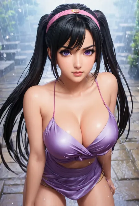 anime artwork 1girl, 25yo,(best quality), (masterpiece), very aesthetic, absurdres, high res, detailed face, realistic, 1girl, black hair, long hair, purple eyes, hime cut, headband, big breast, covered nipples,  wide hipes, bare shoulders, bare legs, thig...