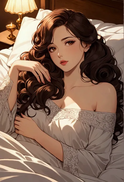 A brunette girl with full lips and curled hair lying on the bed with her stomach down 